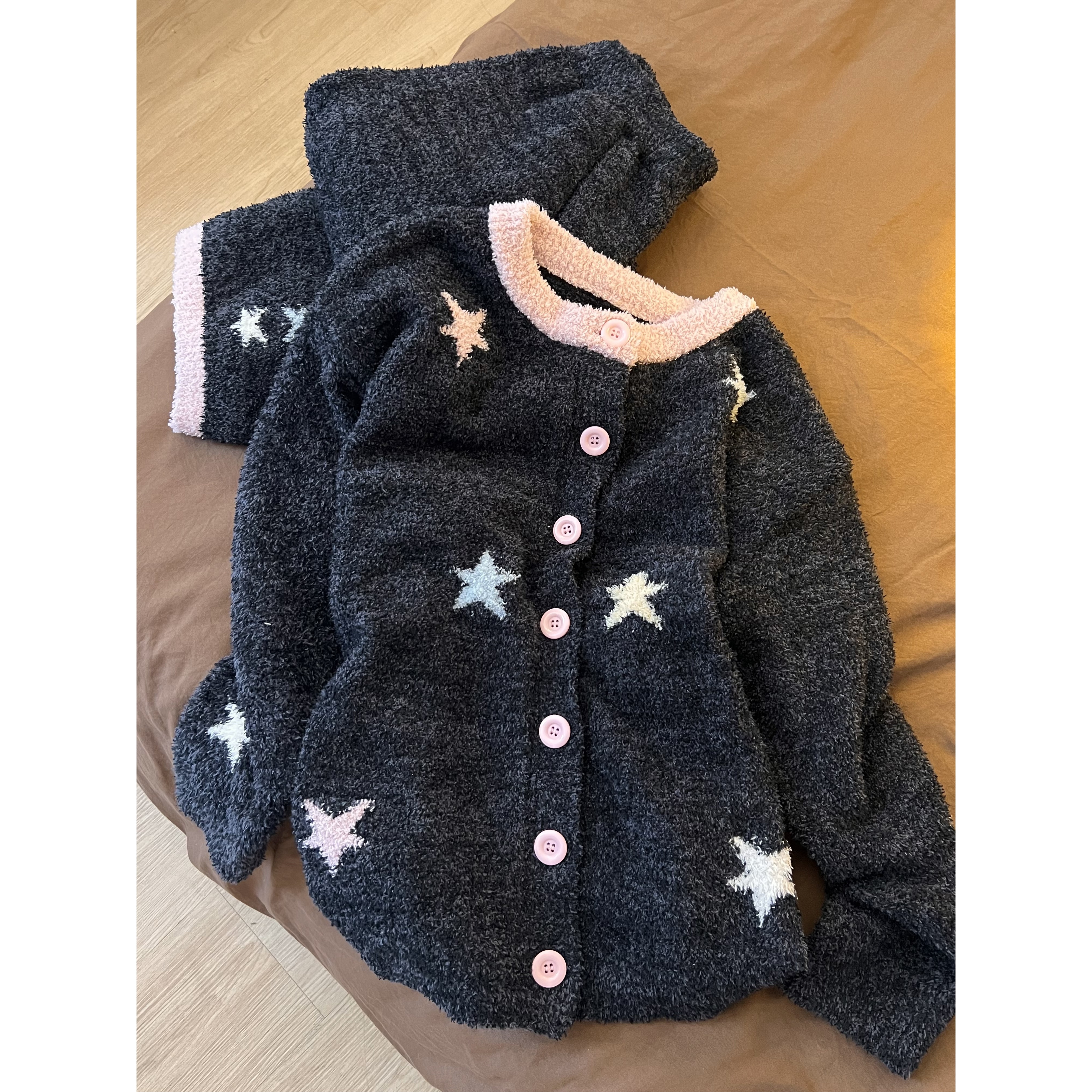 甜美简约星星针织半边绒睡衣女秋冬新款保暖保暖家居服套装可外穿