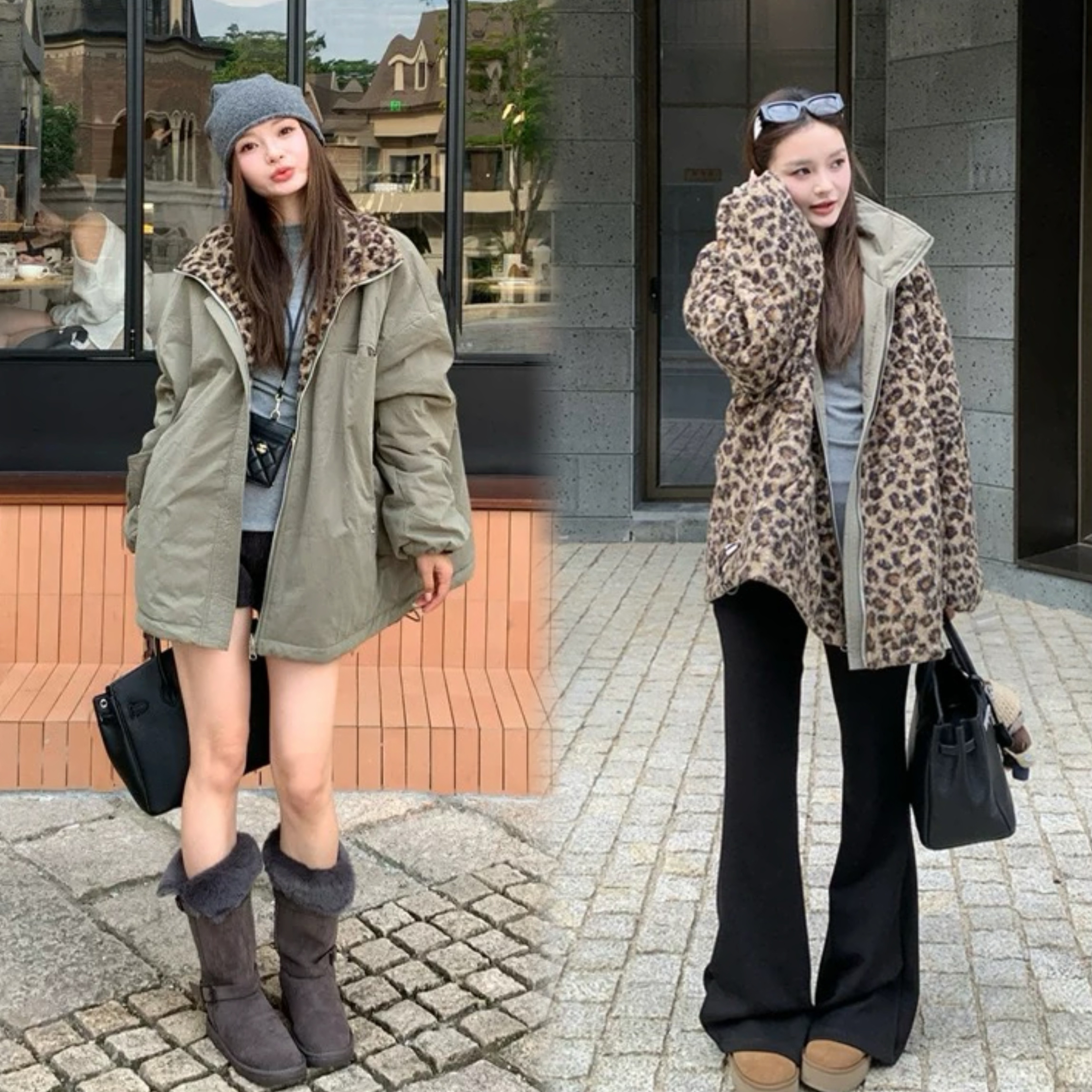 新款韩系复古两面穿豹纹立领加厚通勤风大码外套