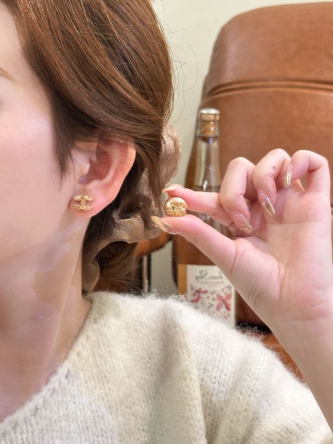 合金仿珍珠耳饰 【361】香槟色咖色两戴耳钉爆款轻奢高级感耳环