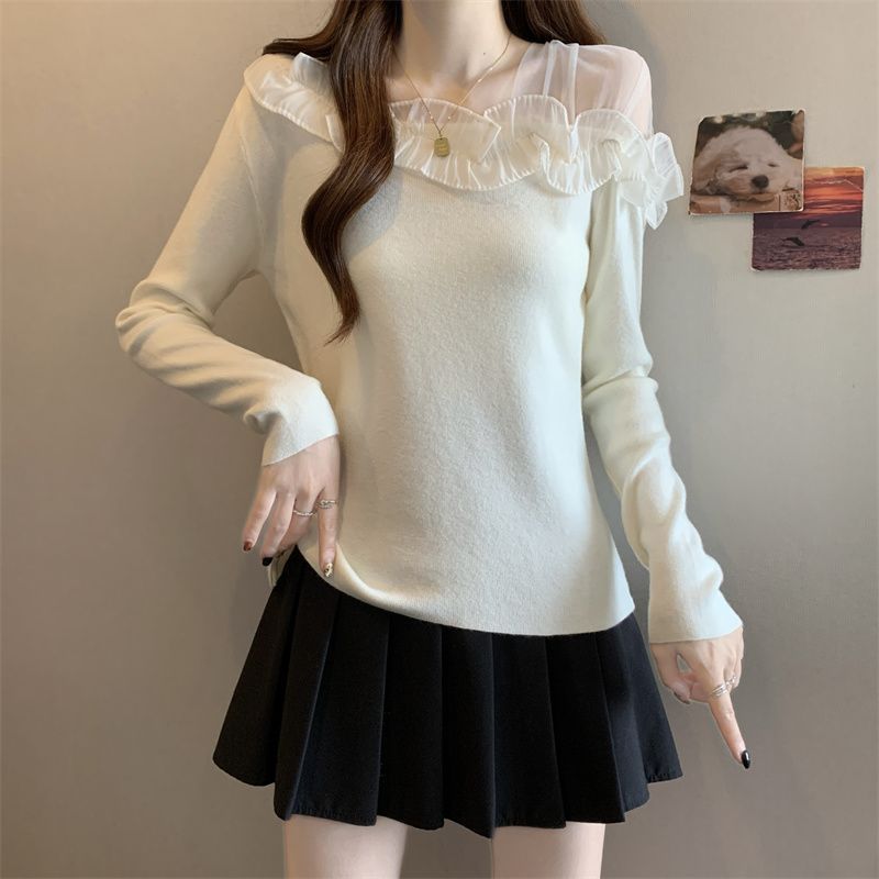 法式斜领立体针织衫女2025秋冬高级感网纱拼接温柔风气质德长袖辉