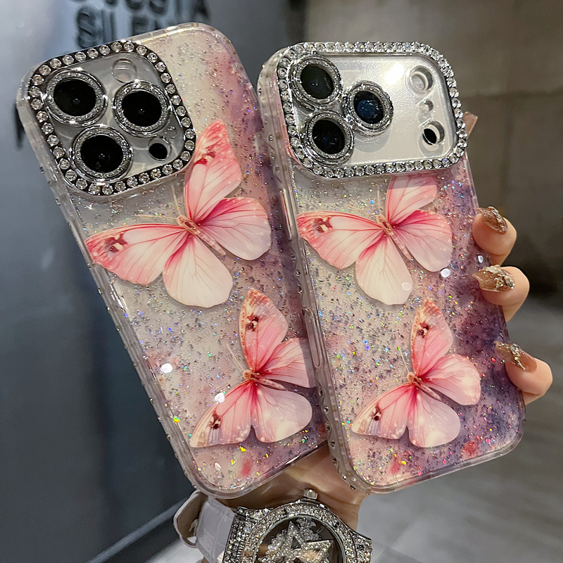 适用苹果系列iPhone17新款手机壳时尚风粉蝶碎星全包满钻精孔镜框