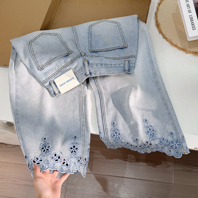 天丝镂空刺绣花边九分牛仔裤女2025夏季薄款小众宽松显瘦直筒裤子