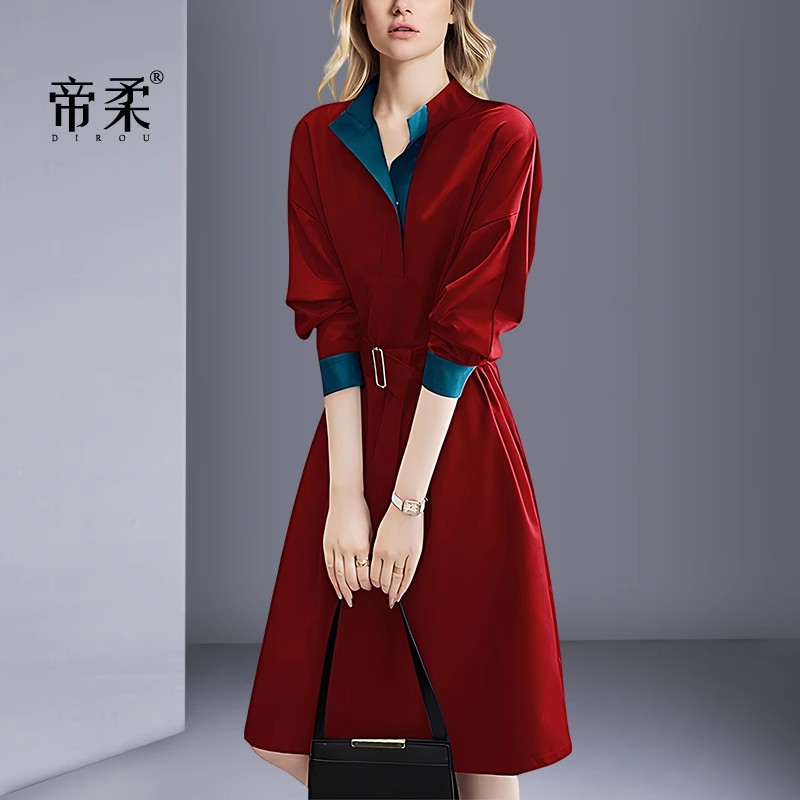 帝柔聚会新年战袍红色连衣裙女2025年秋季新款优雅气质收腰A字裙