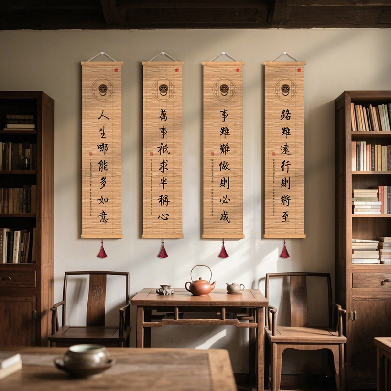 高档茶室装饰画书房竹帘挂画纯手工竹编对联字画挂墙书法字画挂墙