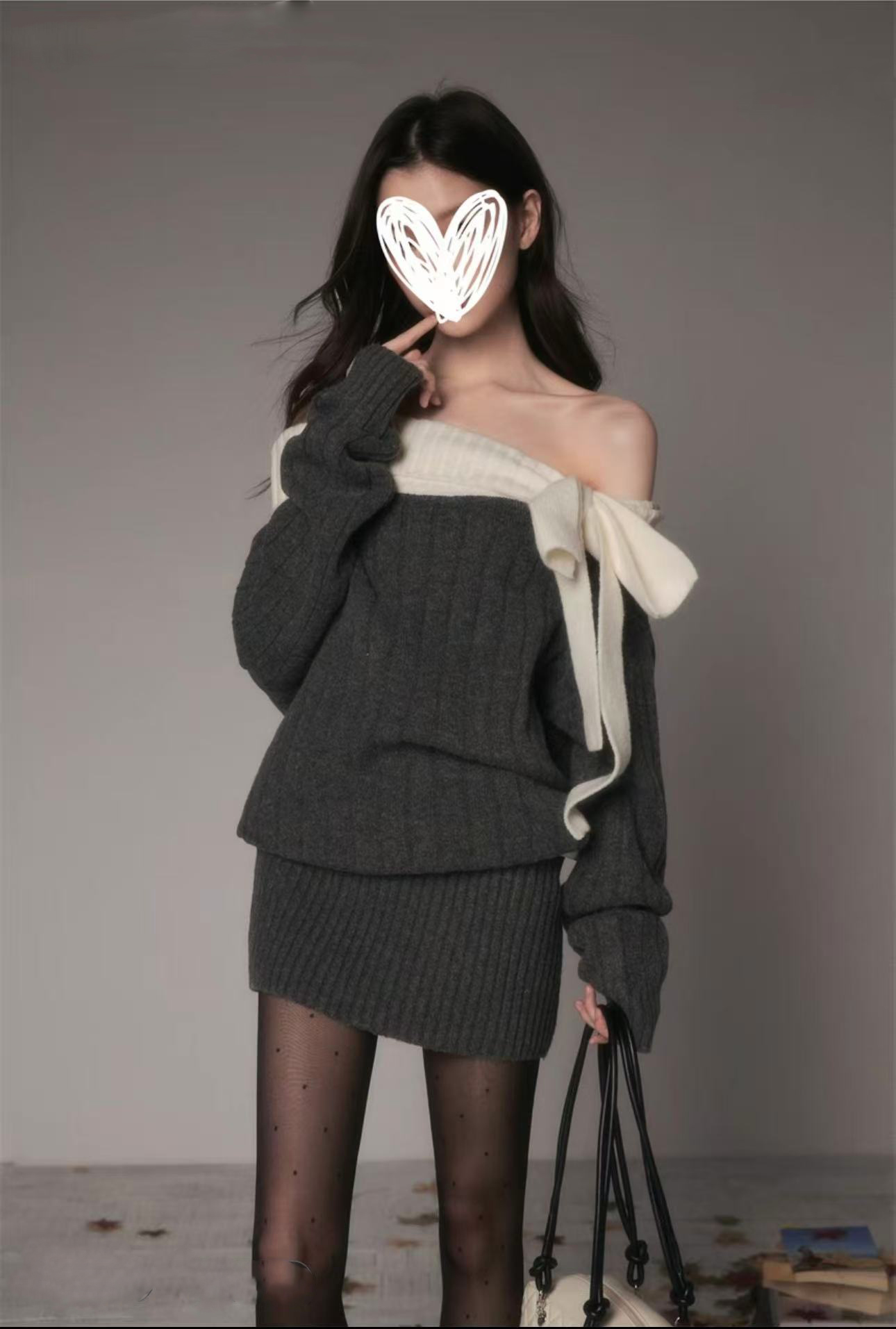 法式甜美一字肩蝴蝶结厚款连衣裙秋冬氛围感针织长袖毛衣包臀裙女