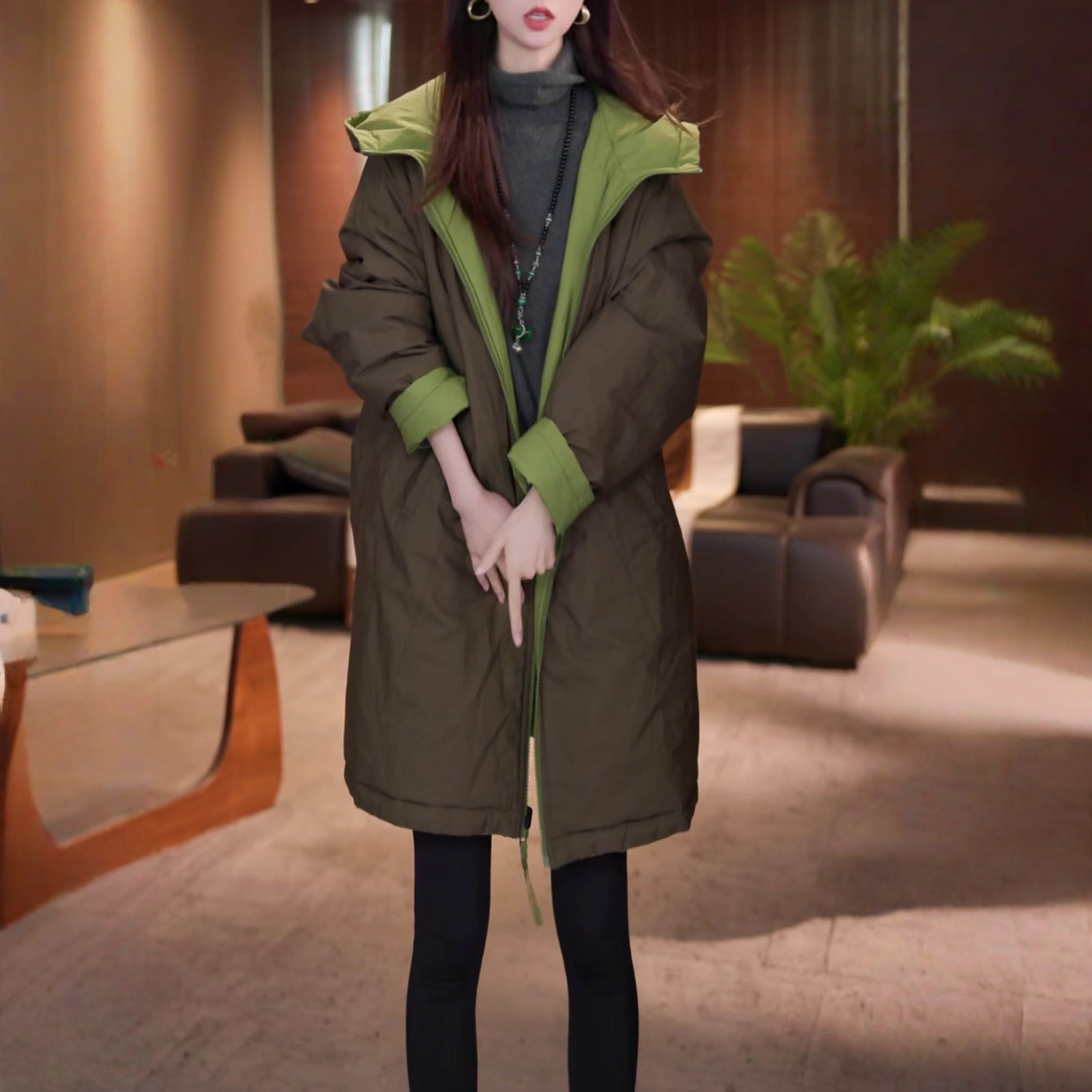 洋气百搭中长款连帽棉衣外套2025冬季新款时尚加厚保暖双面穿棉服