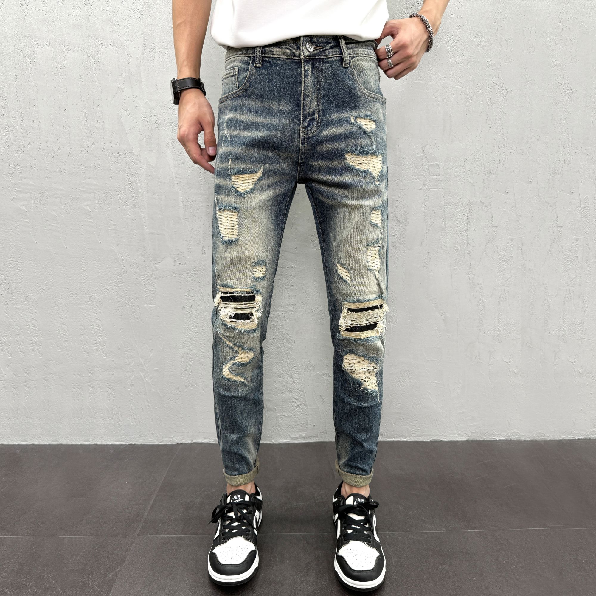 秋冬男款修身弹力牛仔裤2025新款潮牌复古补丁弹力男士破洞长裤子