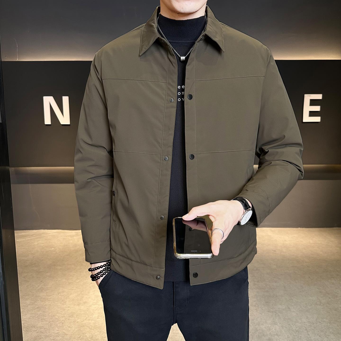 保罗衬衫式翻领男士商务轻薄羽绒服2025秋冬季纯色行政休闲工装夹