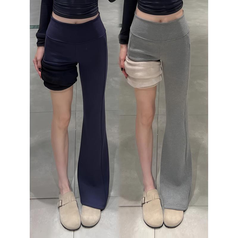 藏青lulu微喇裤女秋冬加绒低腰垂感打底裤小个子瑜伽运动喇叭卫裤