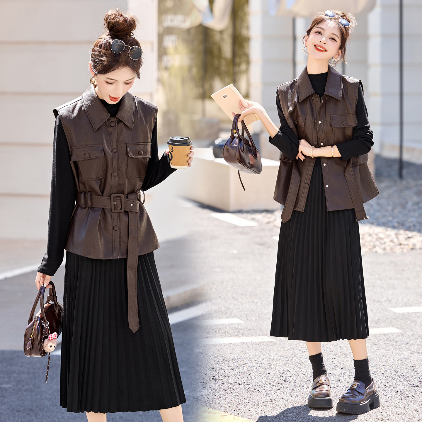 2025早秋时尚气质pu皮衣无袖马甲长袖T恤拼接百褶连衣裙两件套女