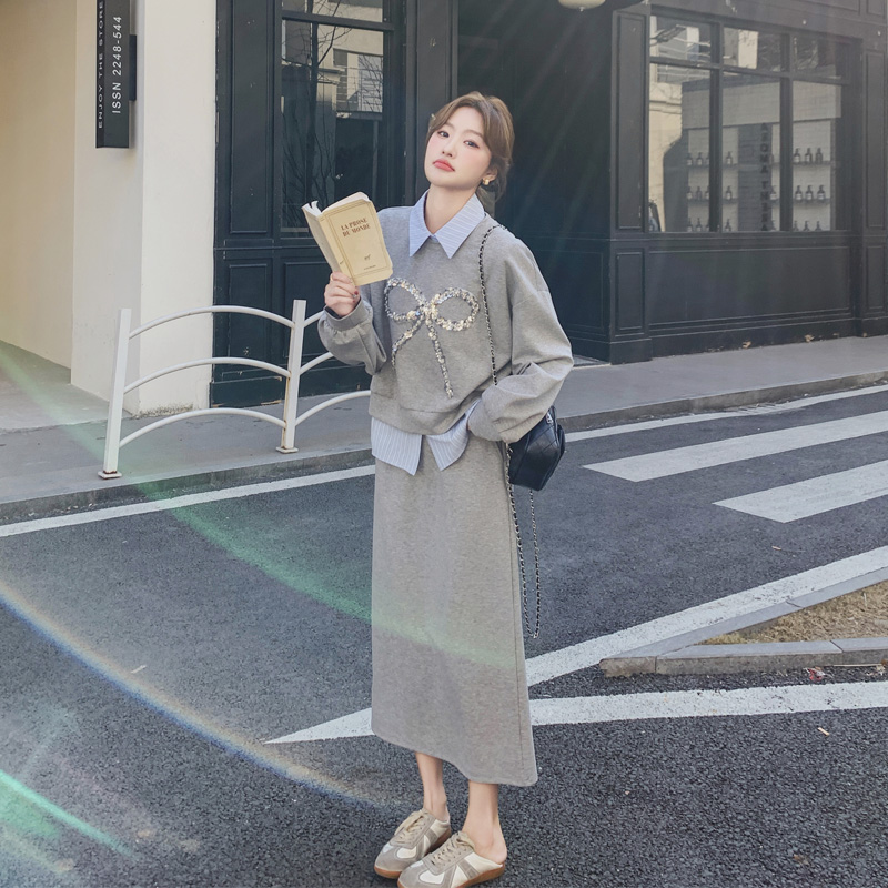 韩系学院风无袖条纹衬衫卫衣半裙套装2025春秋新款休闲显瘦三件套