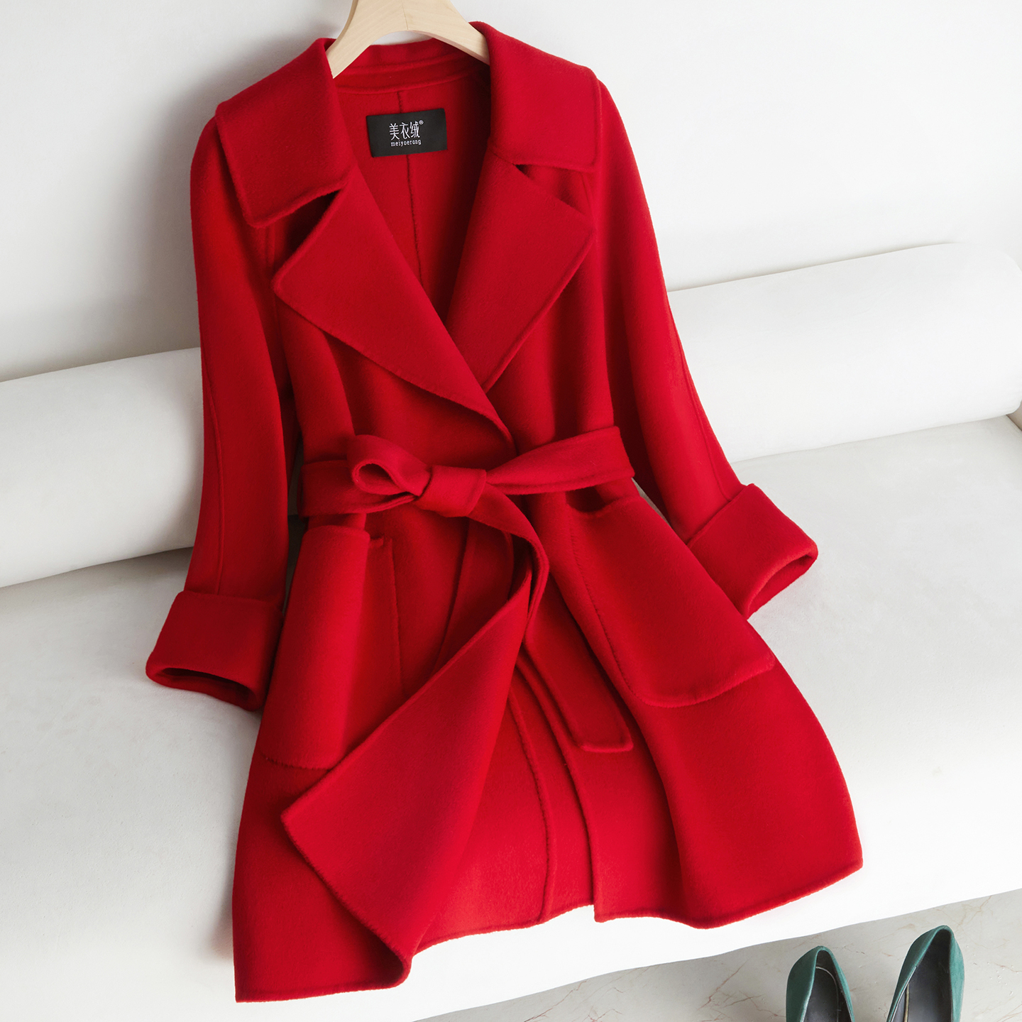 红色翻领双面羊绒大衣女中长款结婚系带显瘦羊毛呢外套2025冬新款