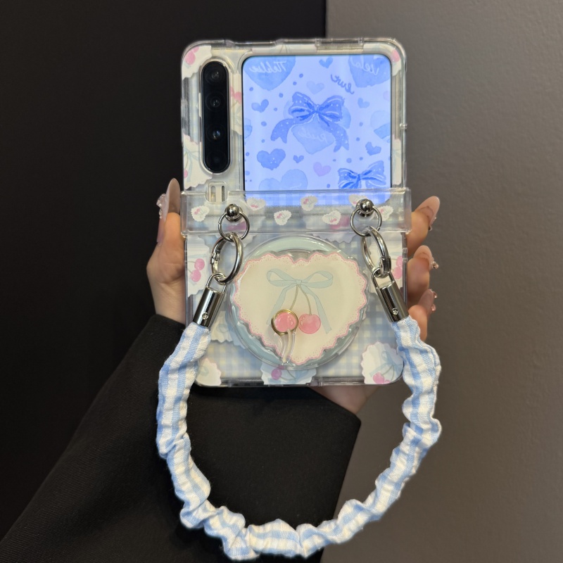 适用华为purax折叠屏手机壳格纹樱桃pocket2蝴蝶结磁吸支架手提绳