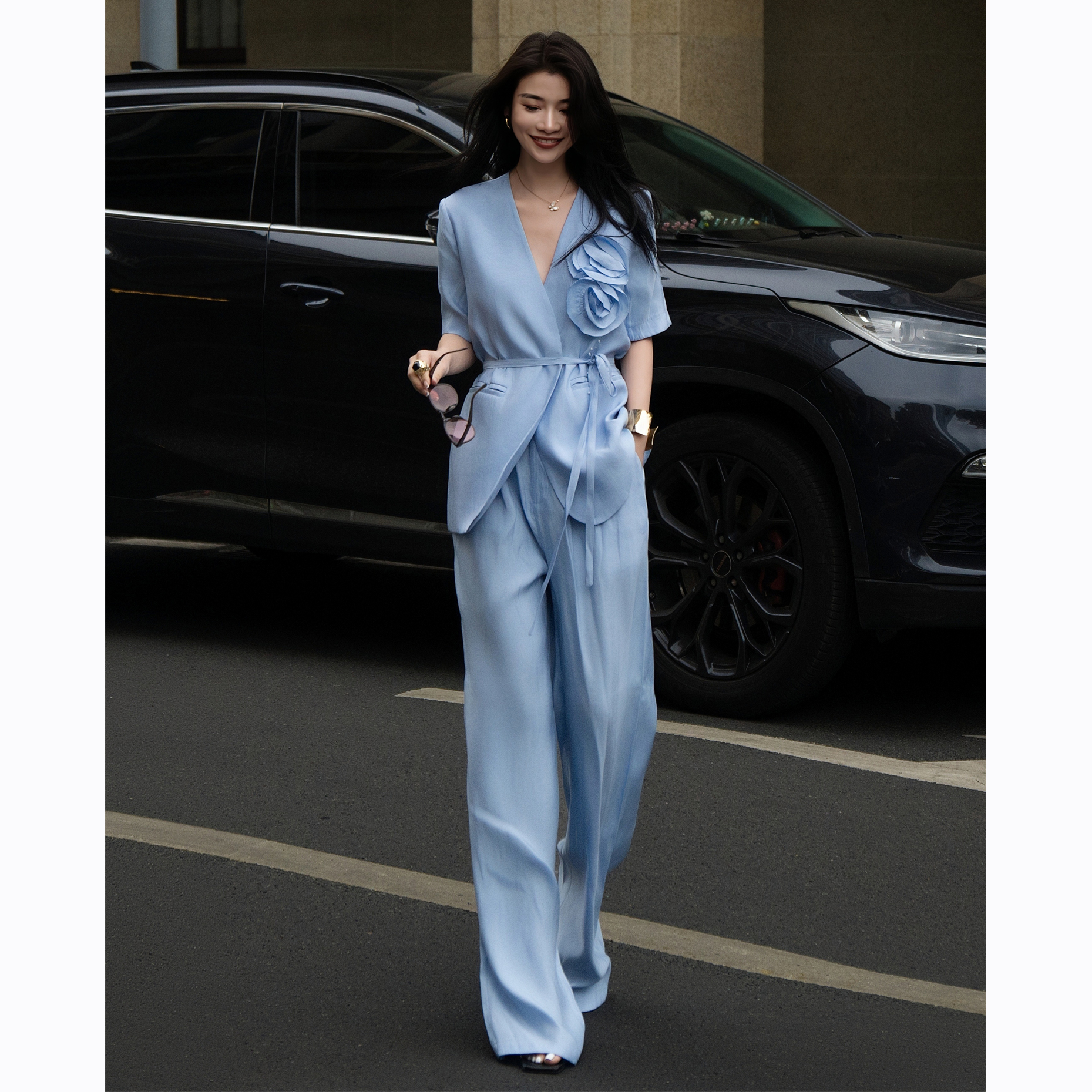 ZEROYK高端时尚洋气西服套装高级感天丝立体盘花西装长裤两件套