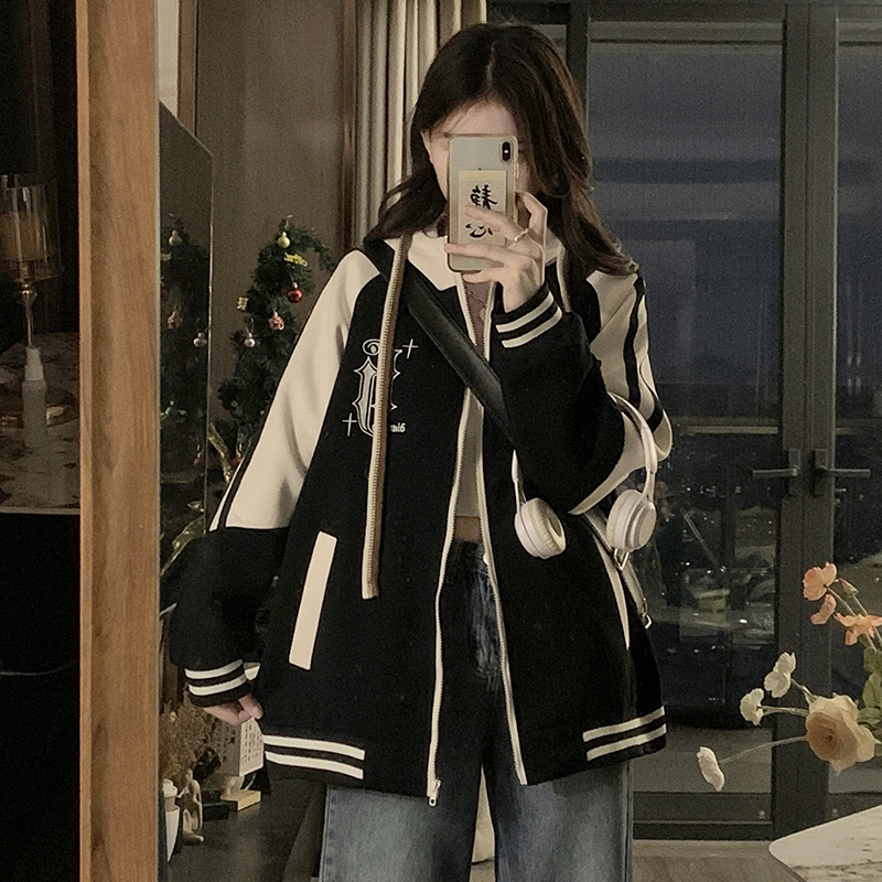 美式复古学院风刺绣棒球服外套女2025春秋新款宽松连帽夹克上衣潮