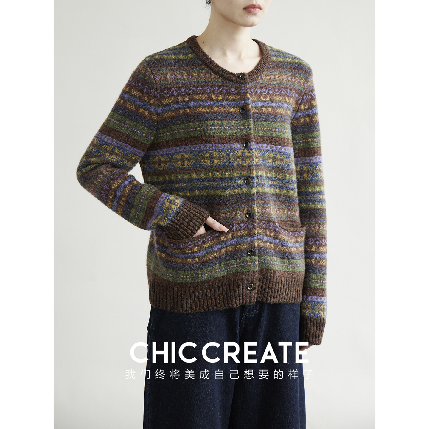 英式复古费尔岛提花 纯羊毛宽松圆领针织开衫毛衣/V领针织马甲女