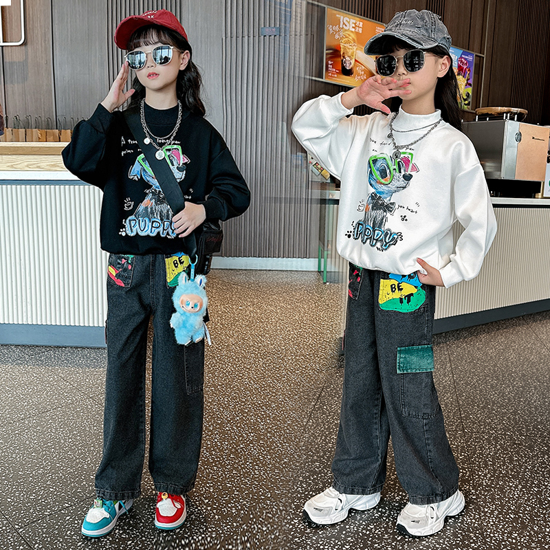 女童秋装套装时髦中大儿童卫衣牛仔长裤两件套春秋季女孩街舞潮款