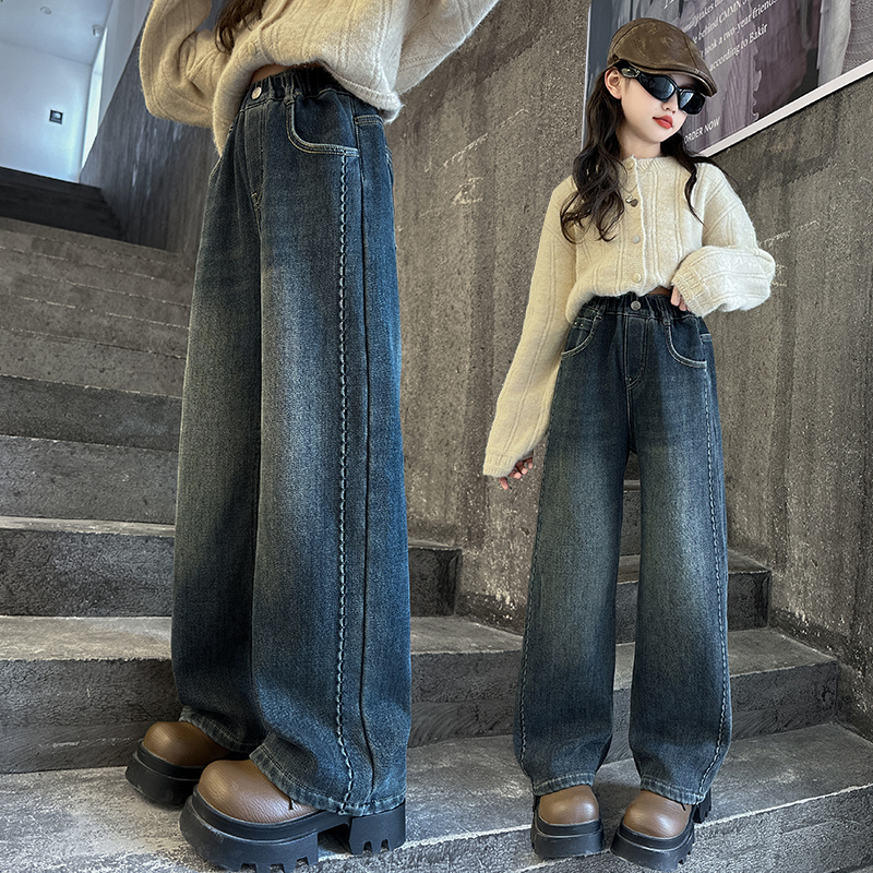 女童裤子春秋冬加绒儿童直筒牛仔裤2025新款女孩大童秋装阔腿裤潮