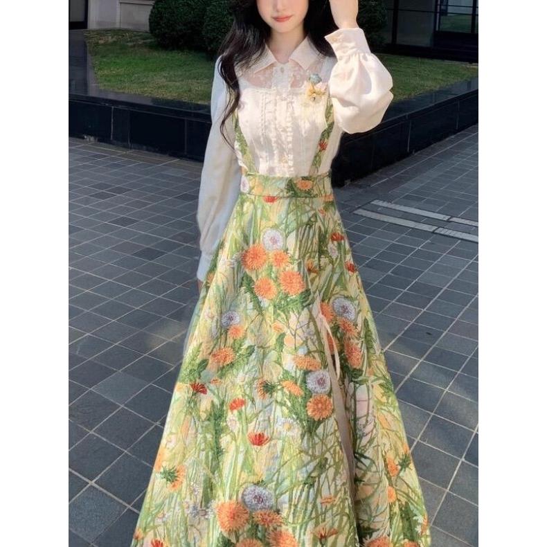 大码秋法式气质洋气镂空百搭衬衫胖妹妹显瘦油画感高腰背带裙套装