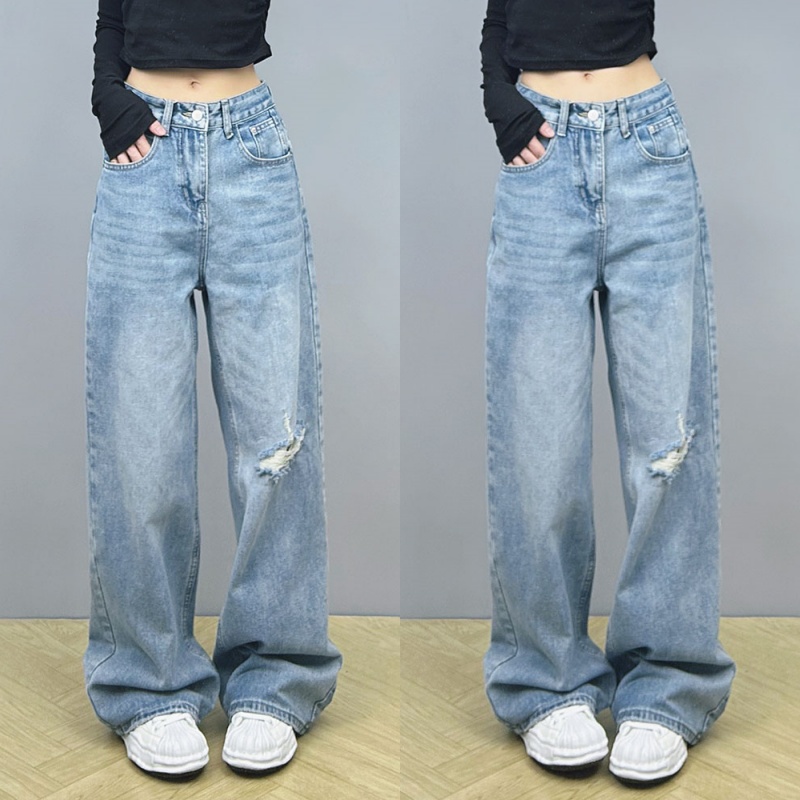 浅色破洞设计感高腰直筒牛仔裤女2025年新款宽松显瘦百搭阔腿长裤