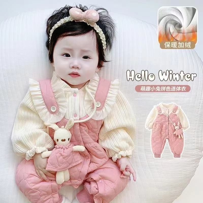 婴儿秋冬季薄棉连体衣服女宝宝保暖棉服超萌公主外出哈衣儿童爬服