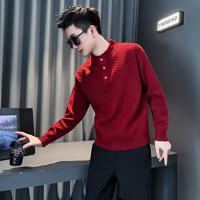 红色亨利领毛衣男款冬季加厚麻花新年半高领针织打底衫本命年内搭