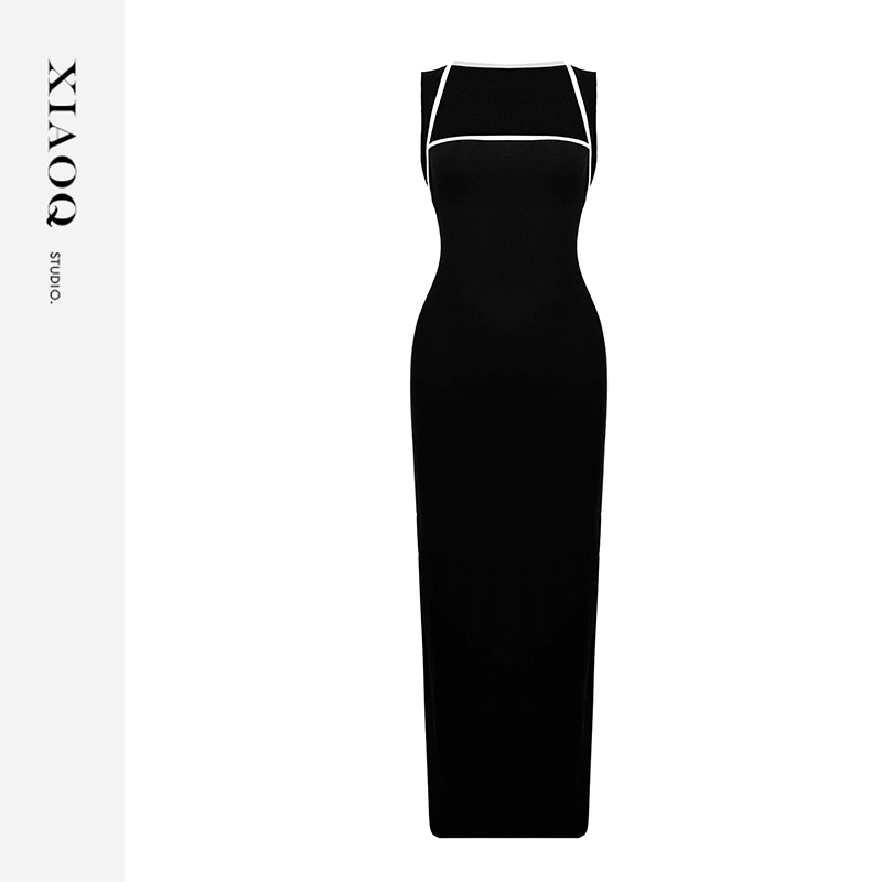 XIAOQ「夜香来」黑白拼色无袖优雅镂空收腰时尚连衣裙女长短款96555