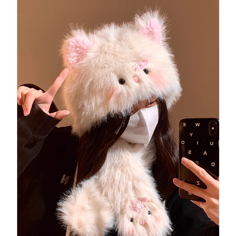 可爱发夹猫咪毛绒雷锋帽子女秋冬季保暖加厚显脸小套头帽百搭围脖