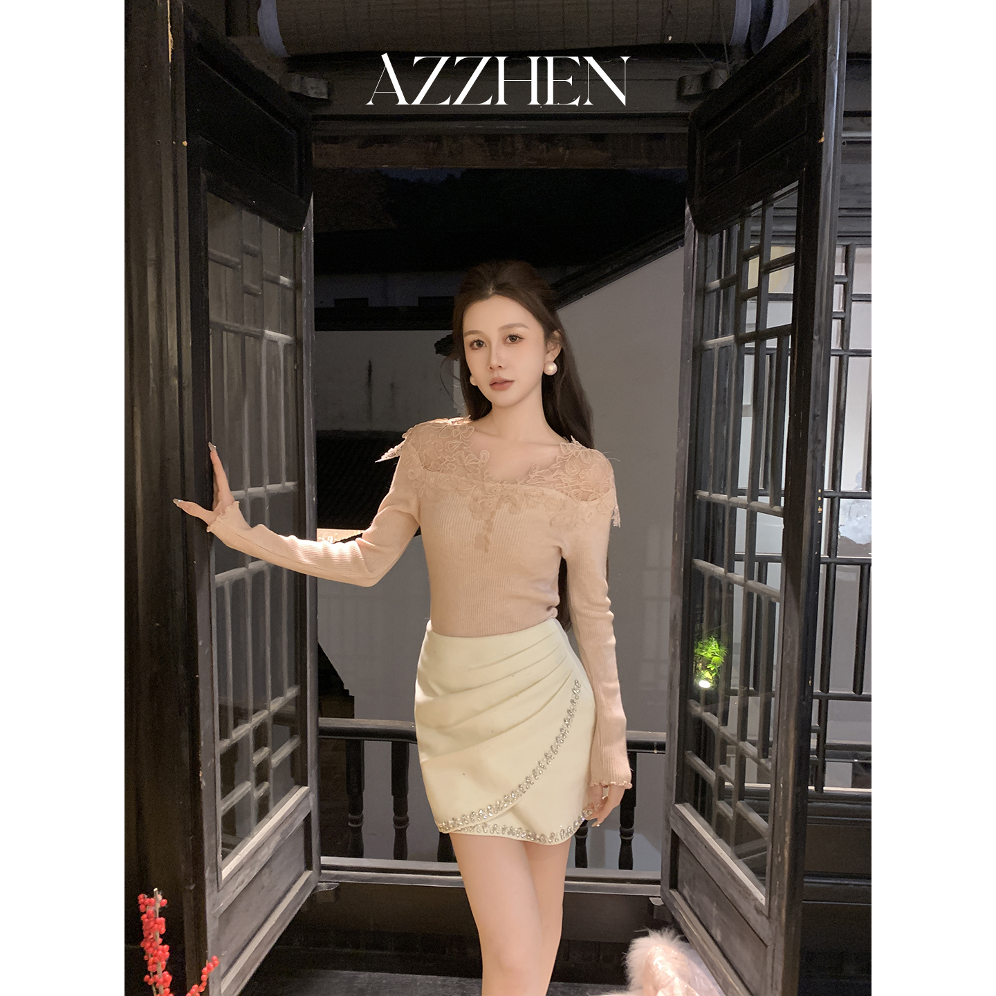 AZZHEN【轻奢暖炉】蕾丝精致纯欲女人味百搭显瘦针织上衣打底