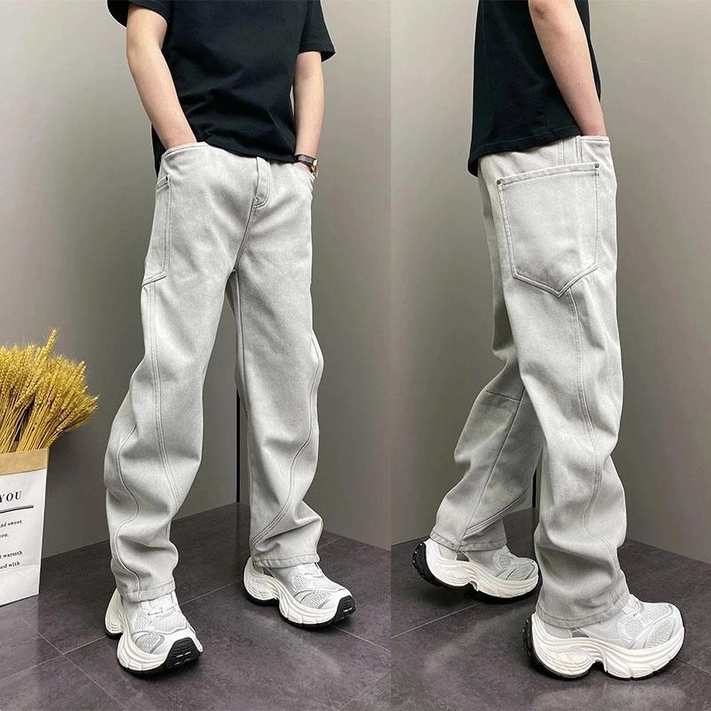 潮牌ins简约纯色休闲裤秋冬加绒原创设计感牛仔裤痞帅韩版直筒裤