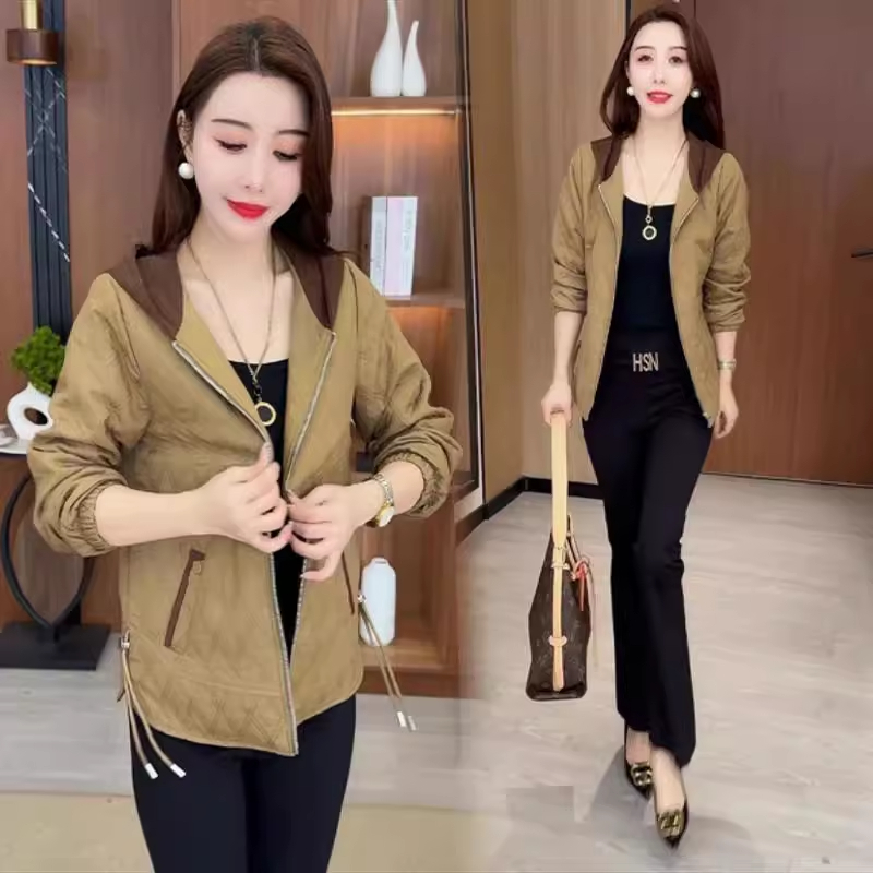 拉夏贝尔时尚连帽短款外套女2025边秋季新款宽松显瘦休闲百搭上衣