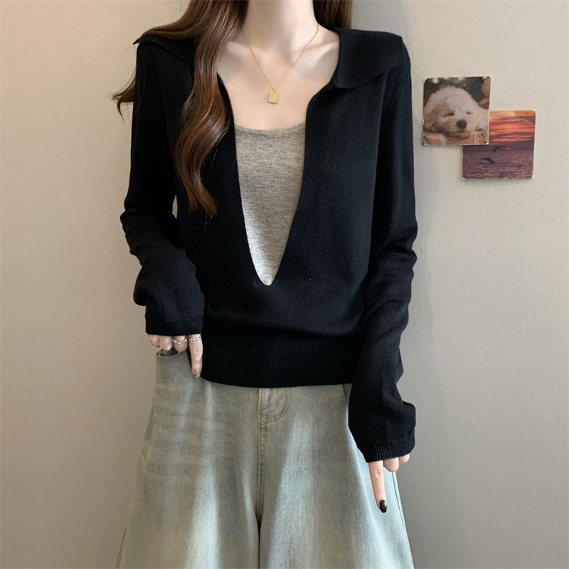 大码女装遮肚子撞色假两件别致长袖打底衫春秋胖mm显瘦针织衫上衣