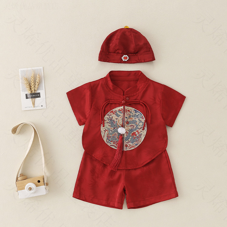 婴儿衣服夏装男宝宝中式国风刺绣套装夏季红色幼儿外出服超萌炸街