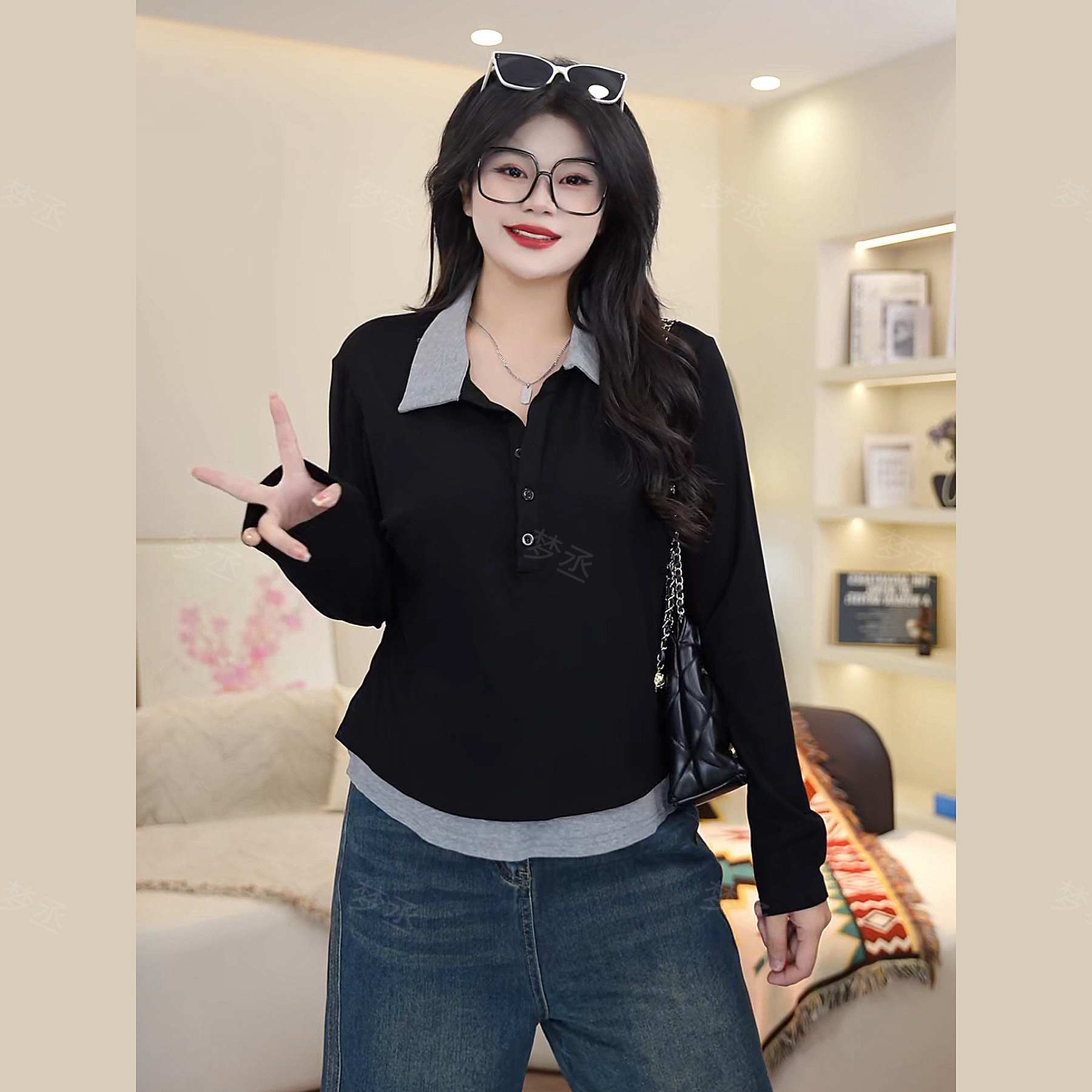 梦丞-胖mm冬季大码女装时尚polo领撞色显瘦假两件长袖针织上衣女