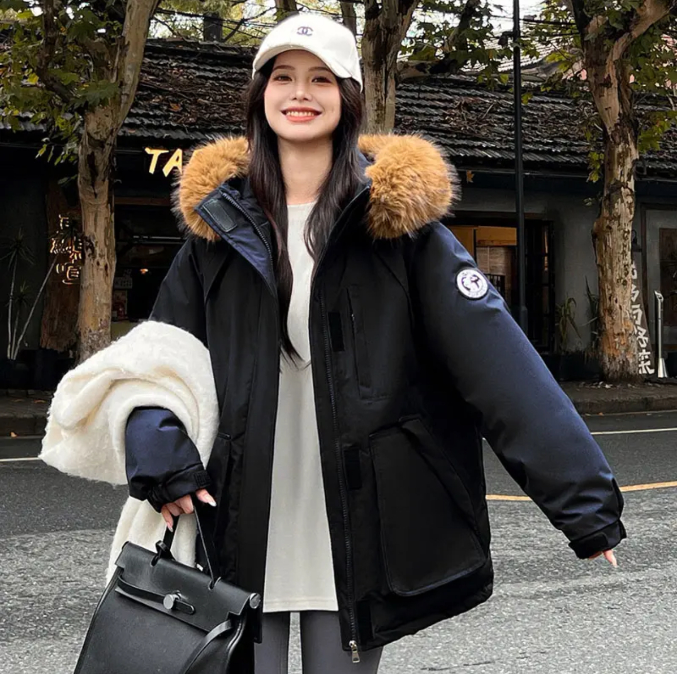 藏蓝色工装棉衣派克棉服女大毛领冬季高级感加厚韩系冬装外套