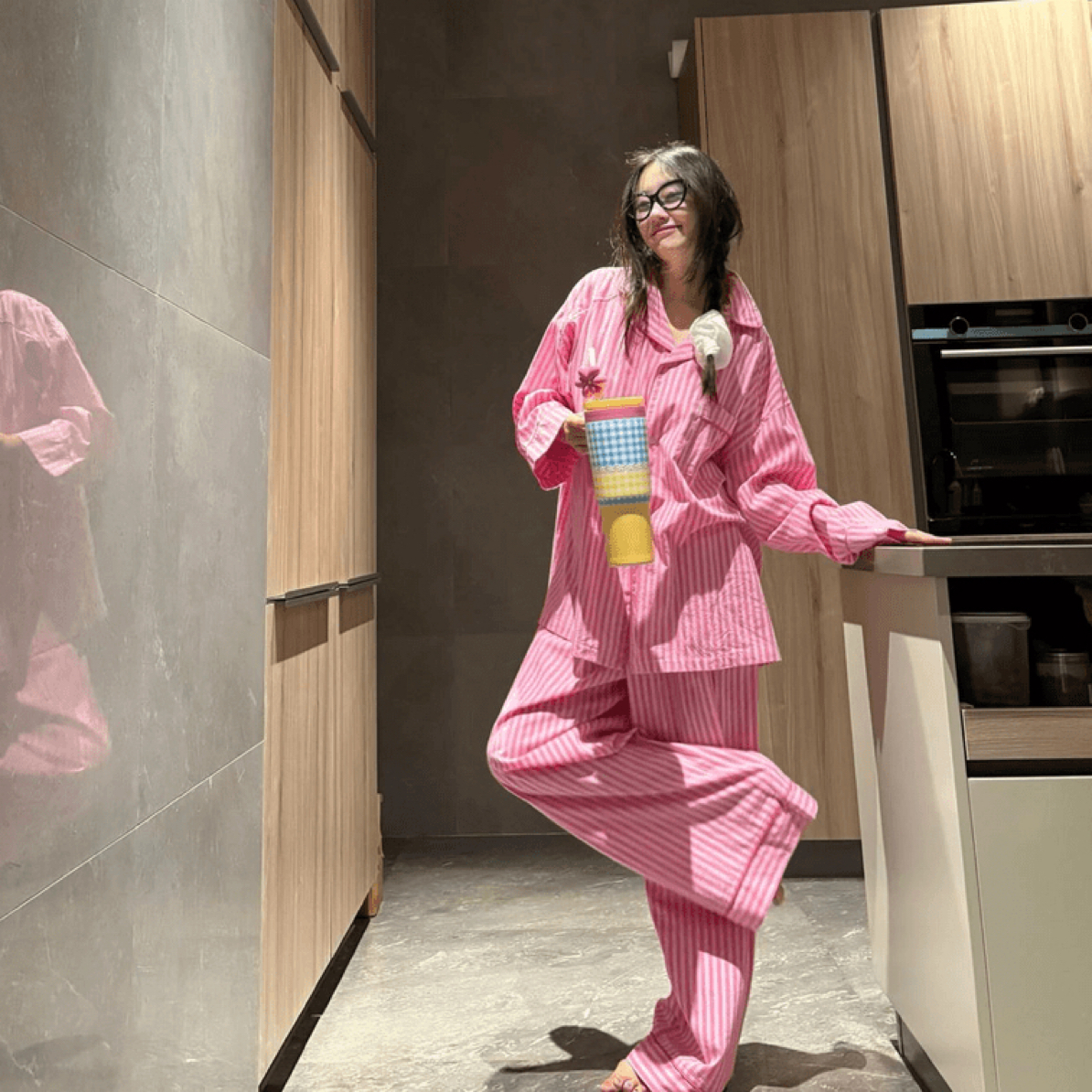 韩系多巴胺撞色条纹睡衣女秋冬新款大码可外穿家居服时尚宽松套装