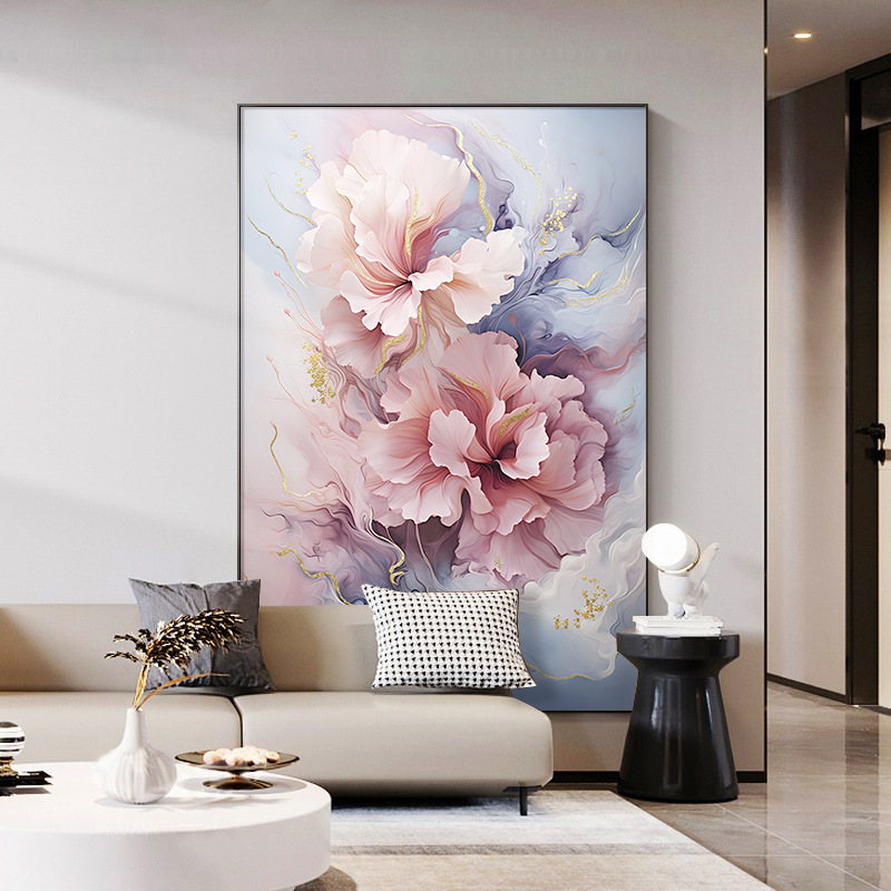 现代轻奢装饰画抽象花卉沙发背景墙牡丹挂画玄关壁画走廊落地画