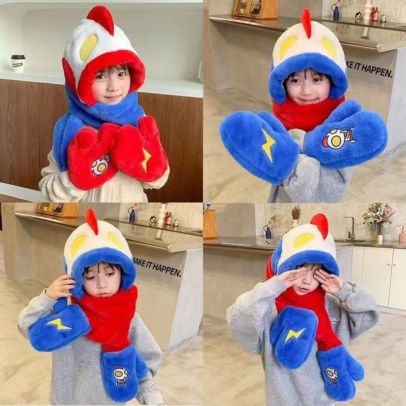 冬季新款儿童帽子卡通奥特曼围巾手套一体护耳男女宝毛绒加厚保暖