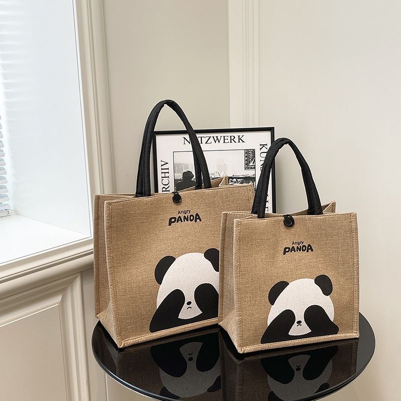 简约新款网红亚麻手提包大容量便携妈咪包单肩购物袋学生补习包