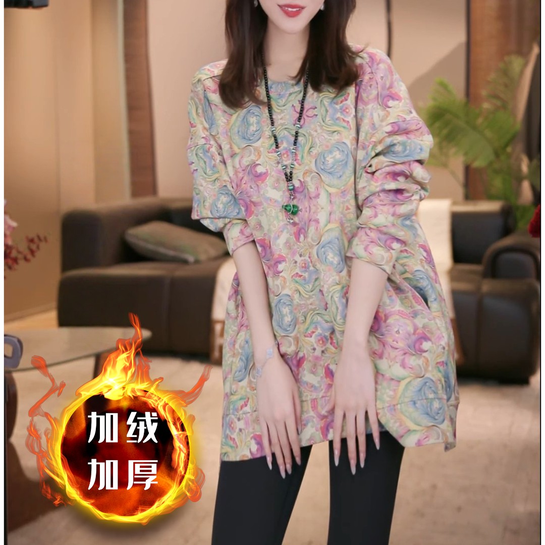 加厚保暖韩系时尚温柔印花减龄气质圆领2025秋冬新款精致长袖卫衣