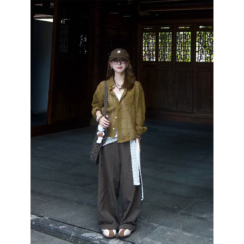 镂空设计感针织开衫蕾丝拼接内搭背心阔腿裤早秋三件套