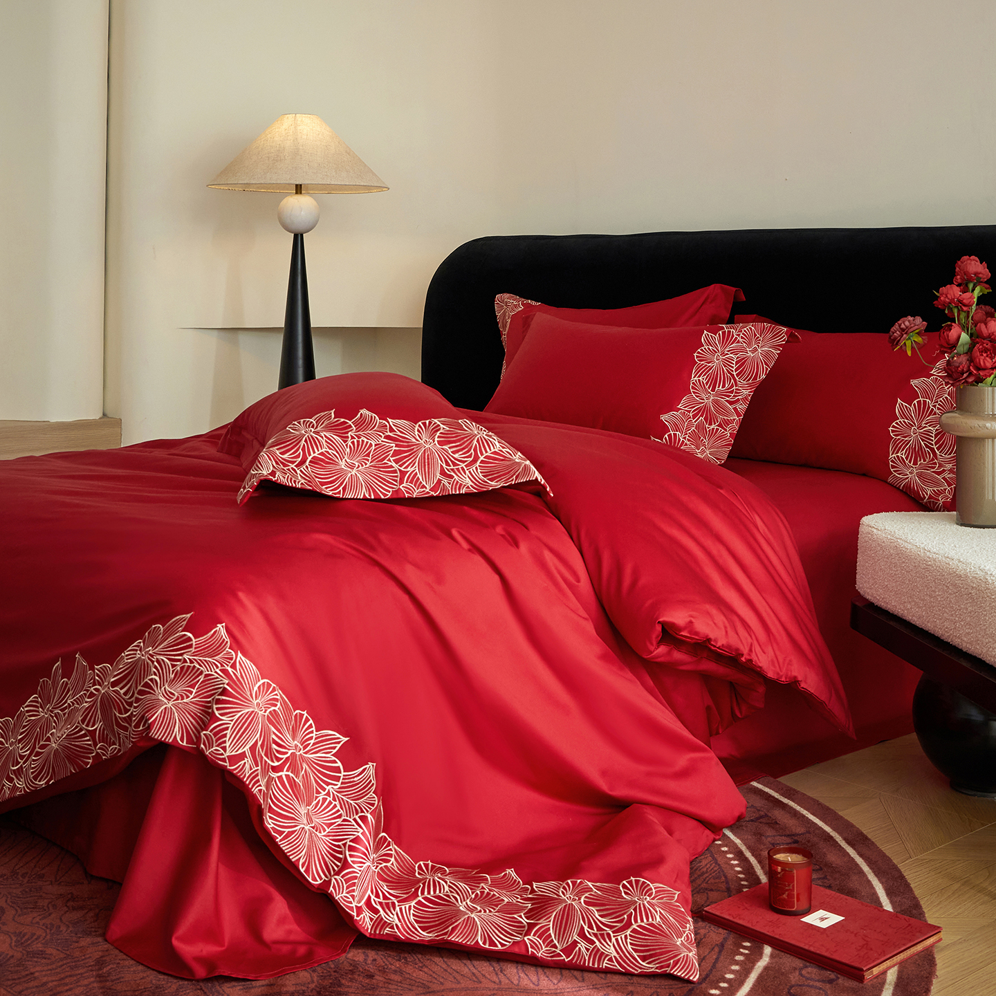 2025新款100S全棉CR工艺极简轻奢刺绣四件套被套-百年好合