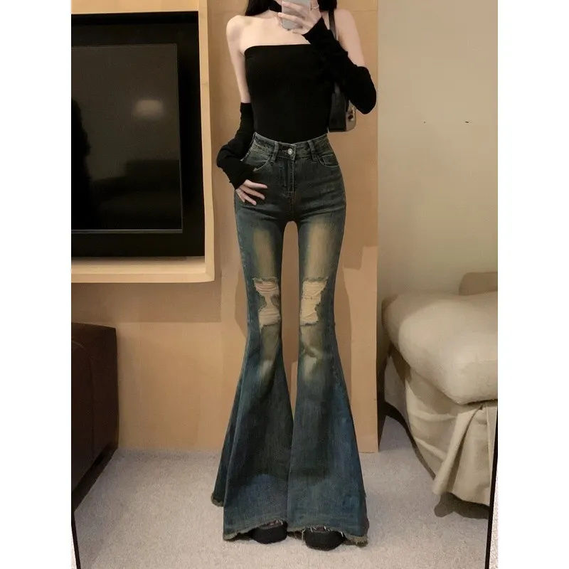 复古港风鱼尾大喇叭牛仔裤女高腰修身小众设计感破洞拖地阔腿长裤
