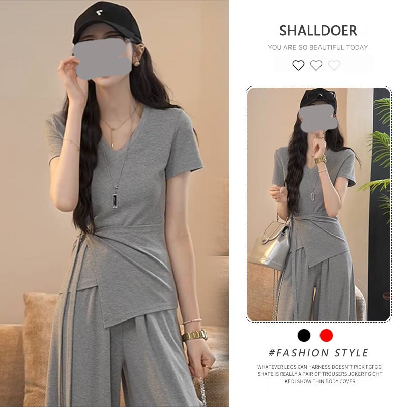 2025年夏季新款法式V领纯色T恤配宽松休闲裤两件套女时尚套装潮