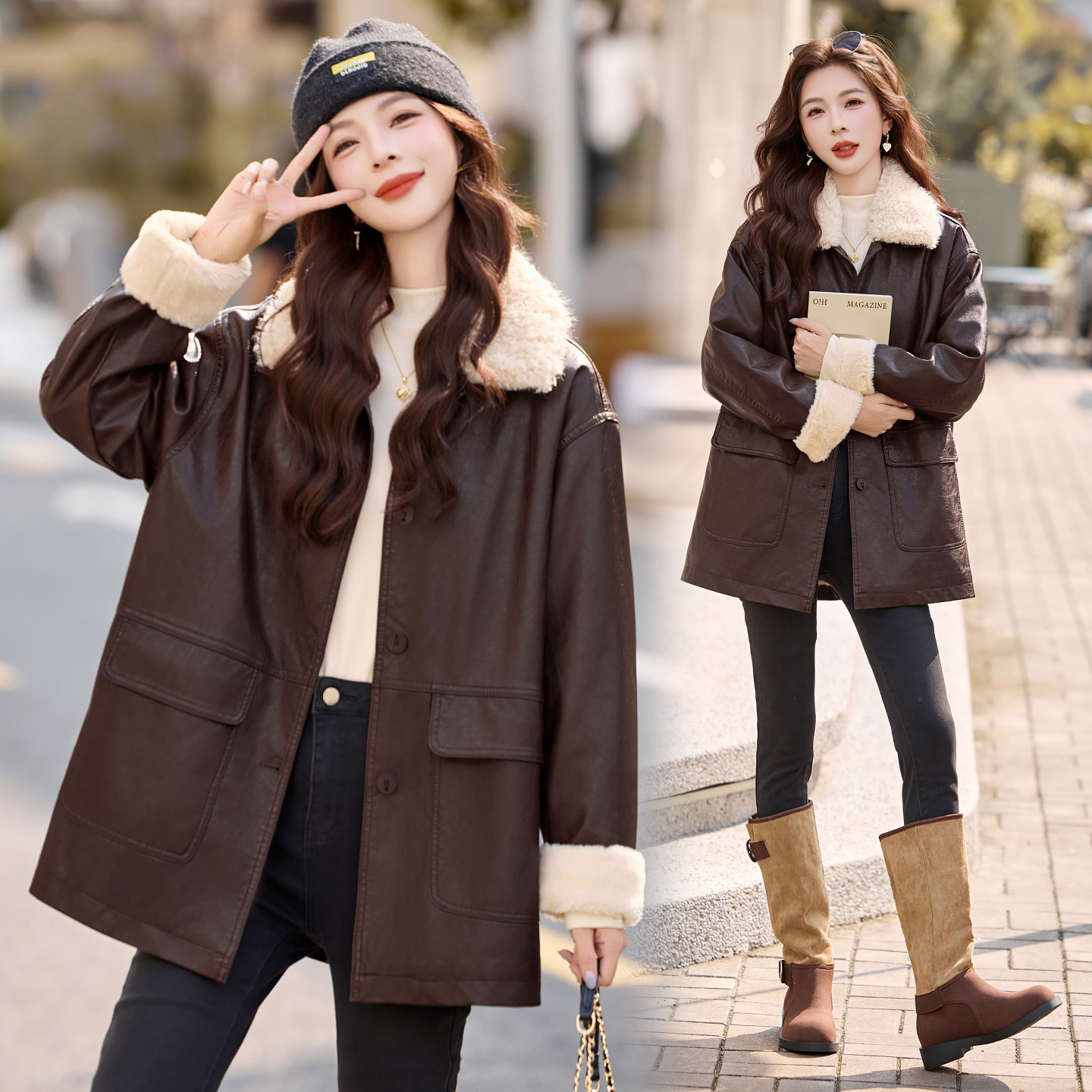 韩版加绒加厚毛领皮衣女2025冬季新款中长款保暖宽松显瘦百搭外套