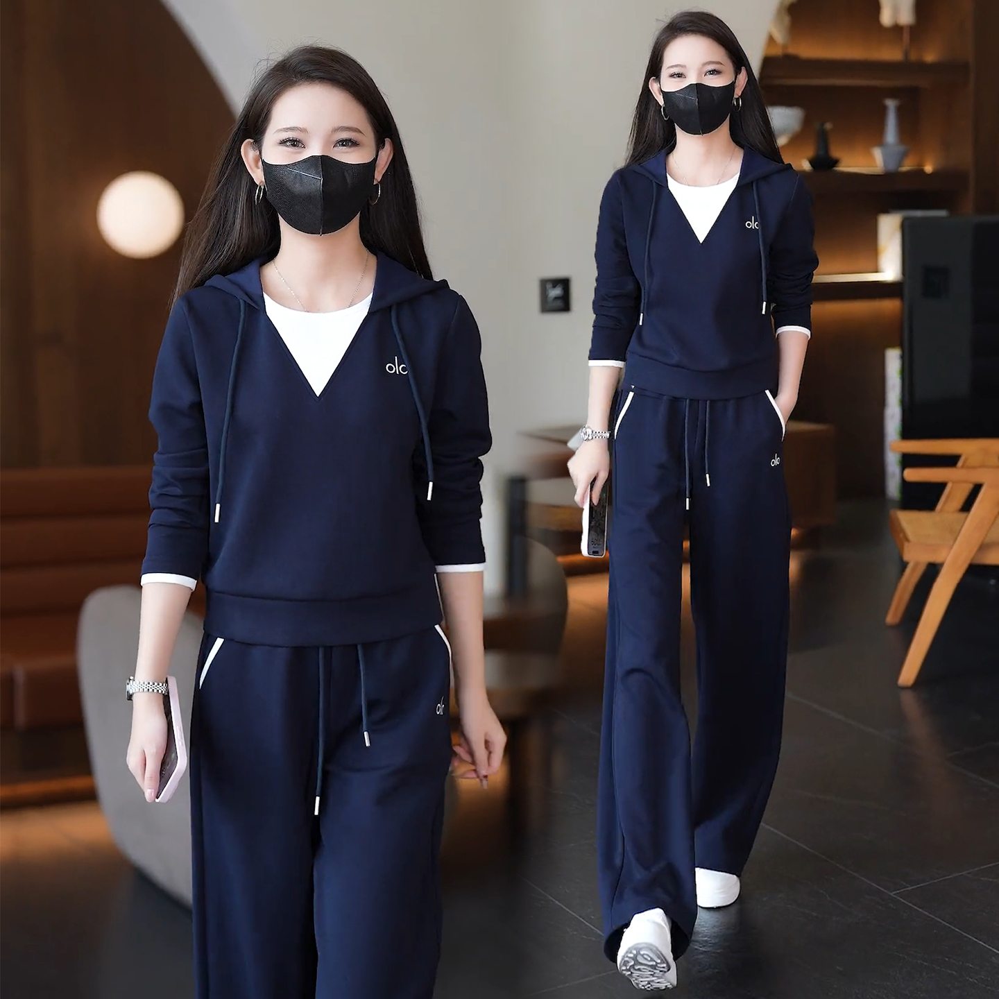 时尚休闲套装女2025秋季新款洋气假两件连帽卫衣阔腿裤显瘦两件套