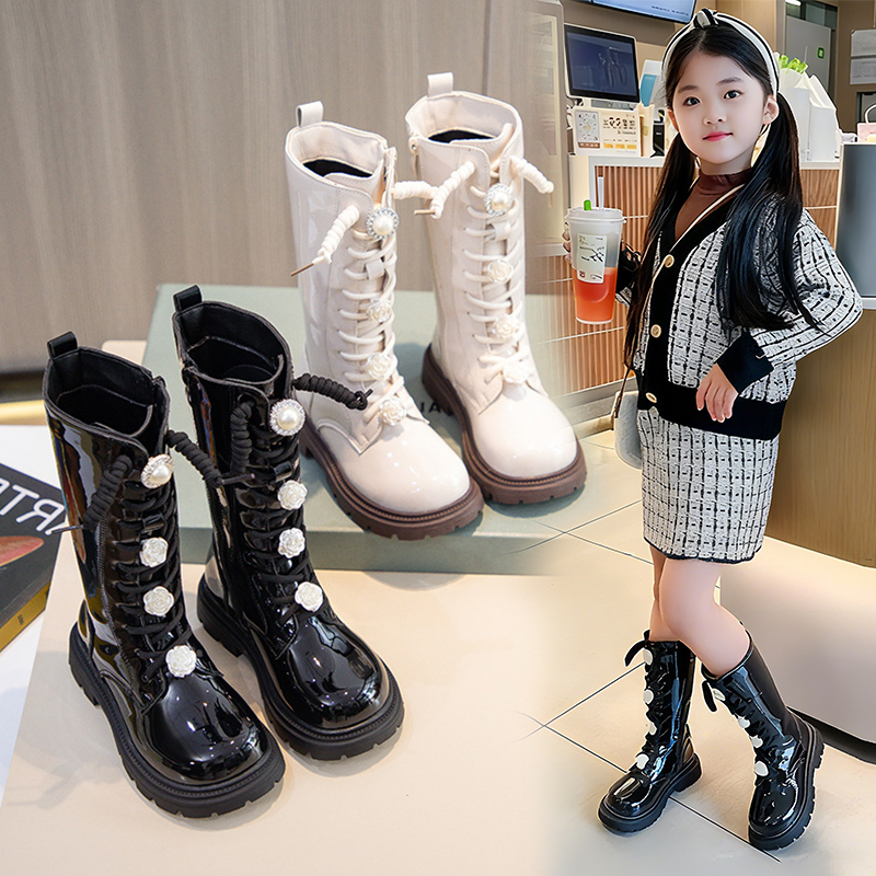 女童长筒靴子网红款秋冬季儿童加绒高筒时装皮靴公主花朵靴马丁靴