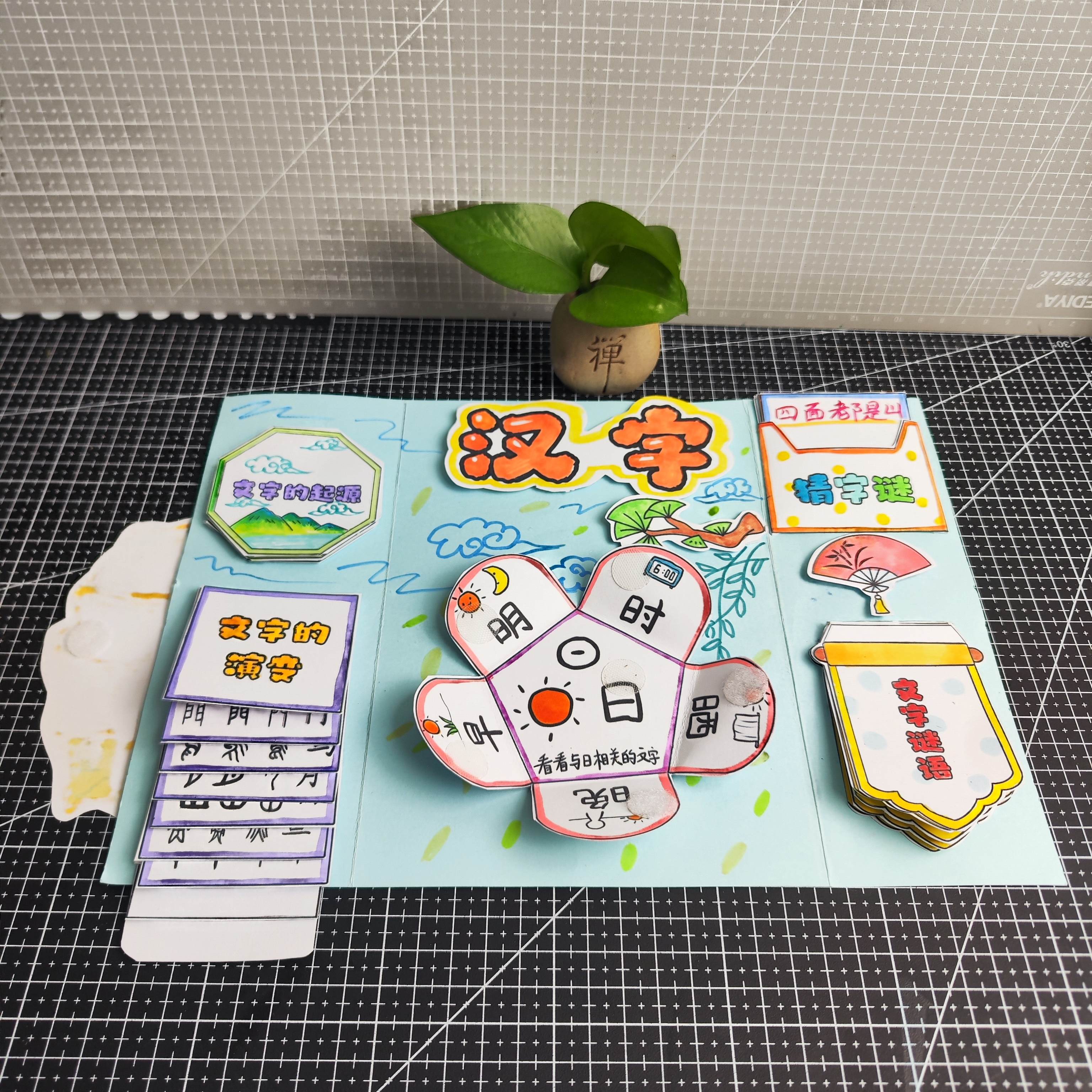 自制汉字文化甲骨文手工涂色安静书翻翻书创意素材包