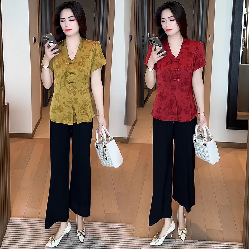 时尚套装女2025夏季新款洋气质显瘦盘扣短袖高腰阔腿裤减龄两件套