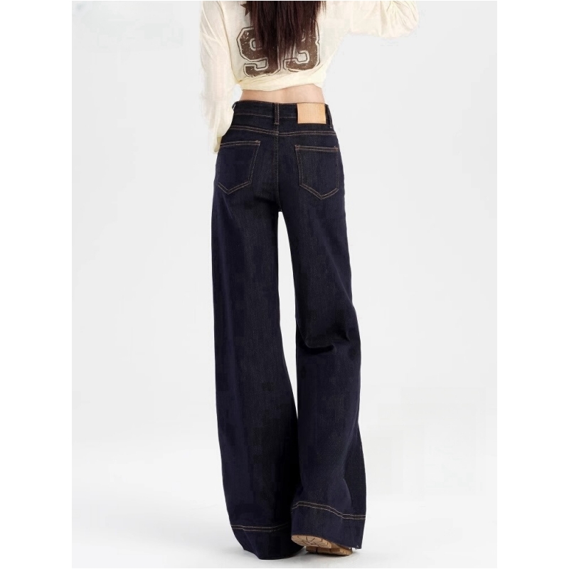高个子加长复古丹宁蓝直筒牛仔裤女春季新款高腰显瘦不贴腿阔腿裤